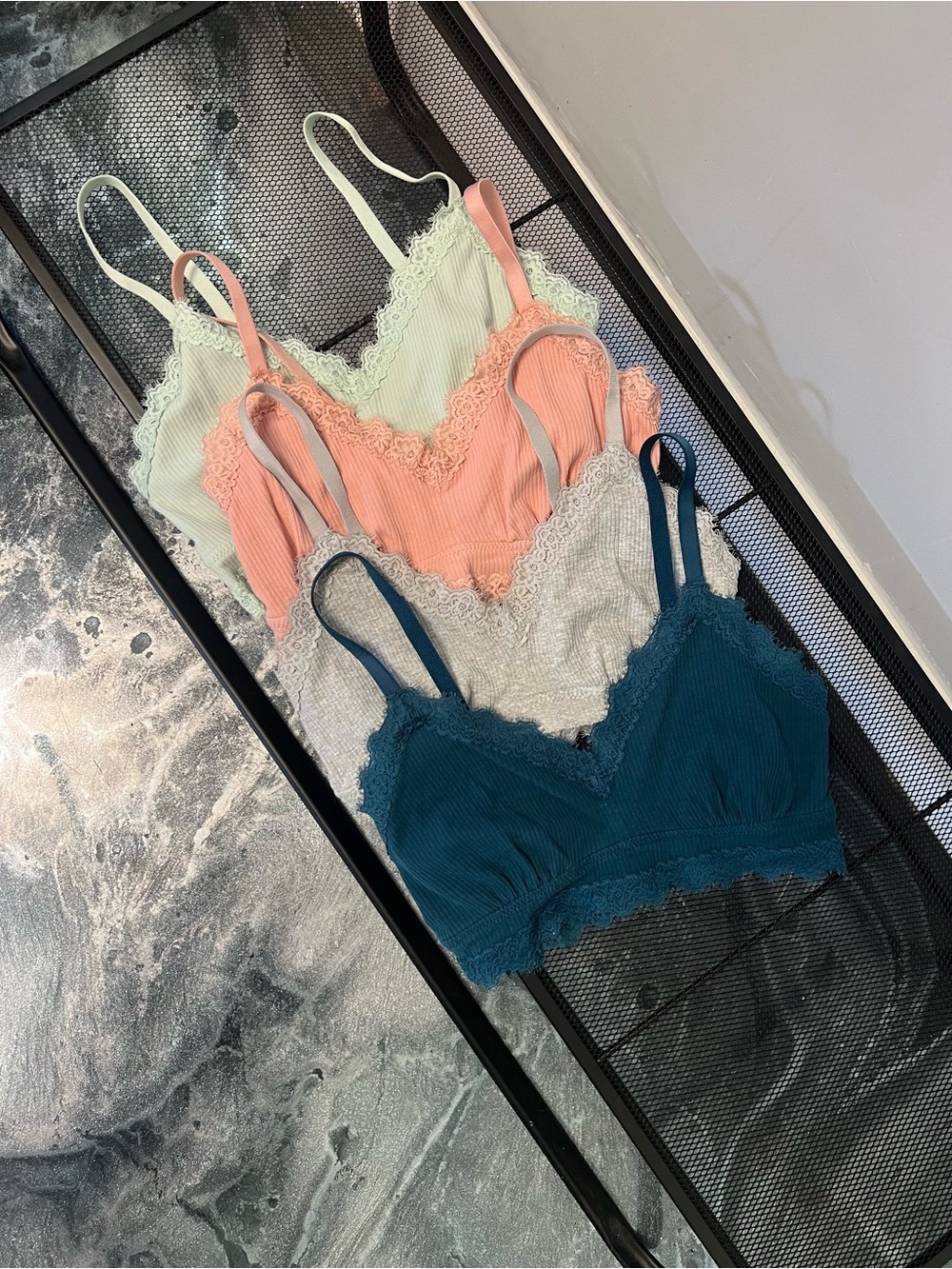 Serra Lace-Trim Ribbed Bralettes - Teal, Pink, Mint, Gray